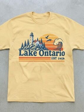 Lake Ontario Lighthouse & Waves Graphic Yellow Gildan T-shirt